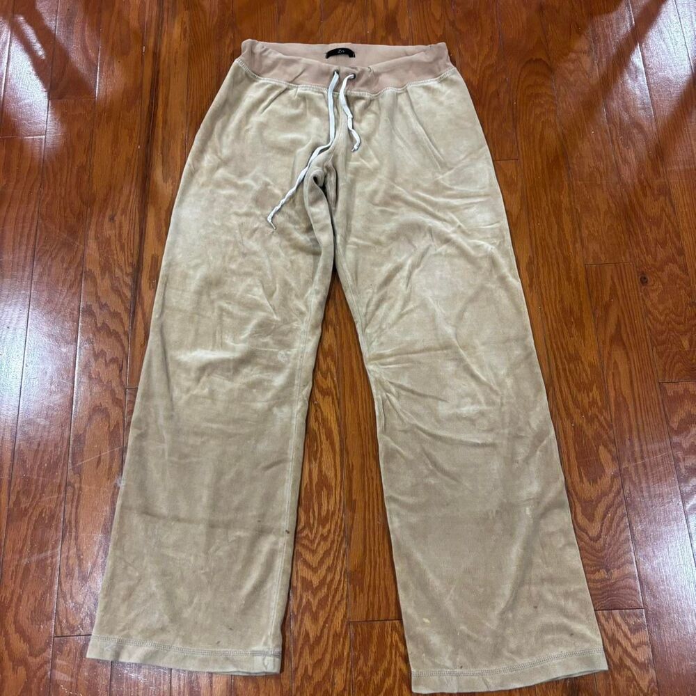 ZN Khaki Wide Leg Velvet Drawstring Lounge Women's Tan Joggers Large Sweatpants
